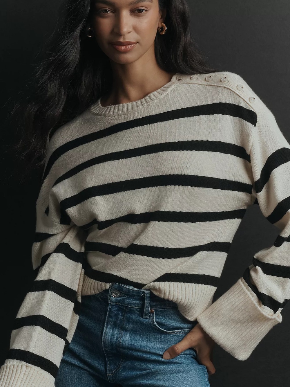 PAIGE Zofia Striped Button-Shoulder Crewneck Wool Sweater in Cream and Black, M